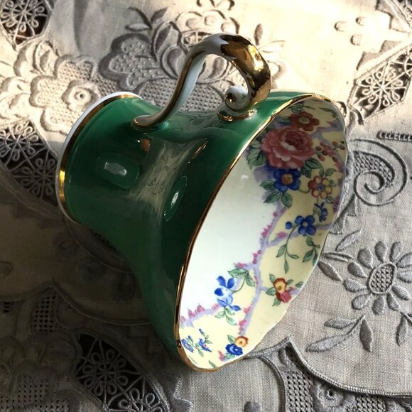 AYNSLEY Tea Cup & Saucer, Green, Cabbage Rose, Bone China, England Pattern B5304 - Picture 11 of 15